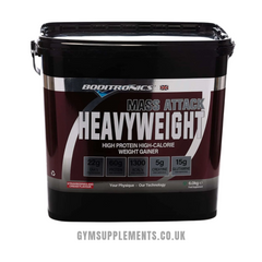 Boditronics Mass Attack Heavyweight protein powder tub, strawberries and cream flavor