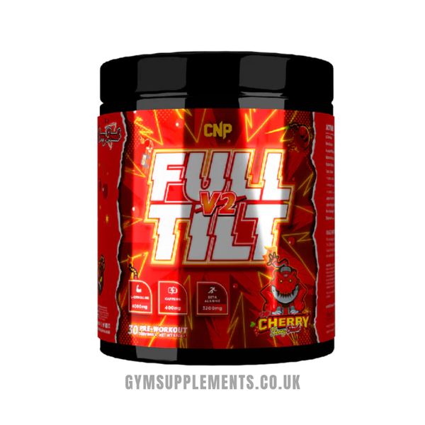 Red pre-workout supplement tub with Full Tilt V2 label, Cherry Bomb flavor.