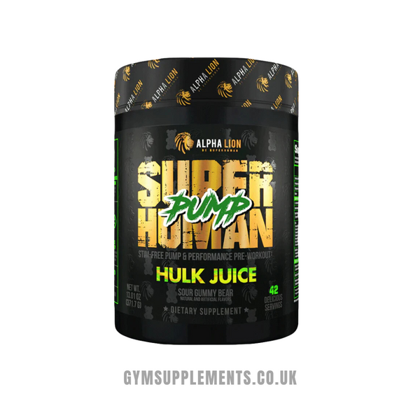 Alpha Lion Superhuman Pump pre-workout tub with green accents, Hulk Juice label