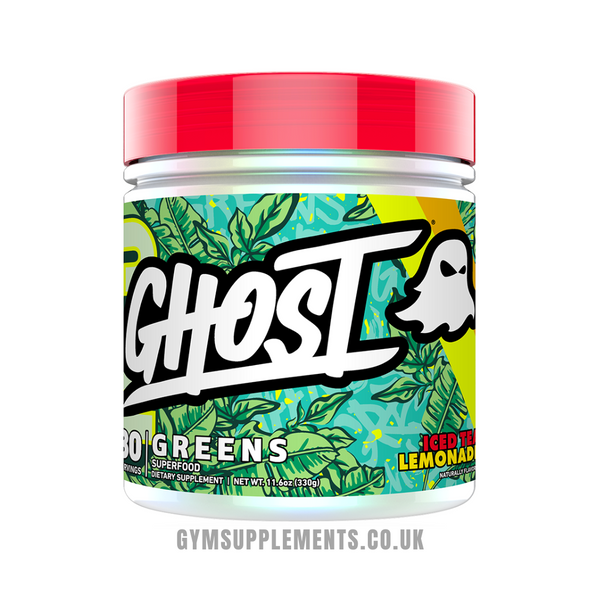 Ghost Greens Iced Tea Lemonade flavor supplement tub with red cap and green herb graphics