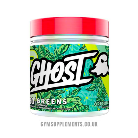 Ghost Greens Original flavor supplement tub with red cap and green herb graphics