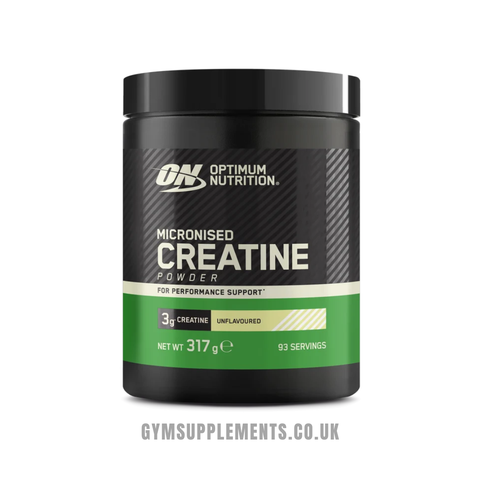 A black plastic tub of Optimum Nutrition Micronised Creatine Powder on a white background, with a green band near the bottom and the brand logo clearly visible.
