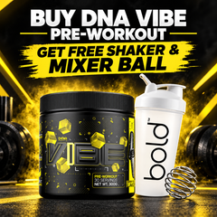 Pre-workout tub and white shaker bottle with metal mixer ball, black label