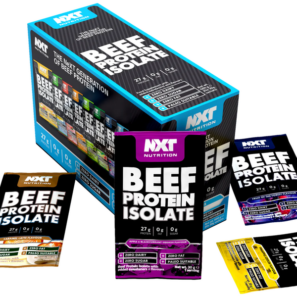 NXT Nutrition beef protein isolate sachet box multiple flavours 20 servings