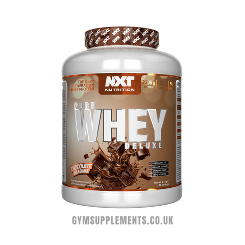 Whey protein tub, NXT Nutrition Pure Whey Deluxe 2.1kg, chocolate milkshake flavour