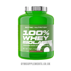 Scitec Nutrition 100% Whey Isolate protein powder tub in a green container, chocolate flavor