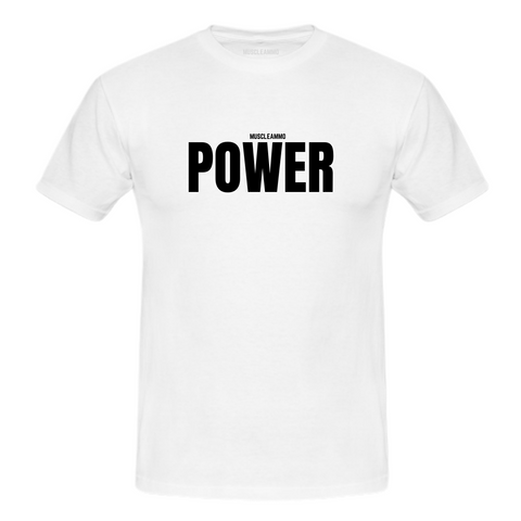 MuscleAmmo 'POWER' Print Muscle Fit T-Shirt - White - GymSupplements.co.uk