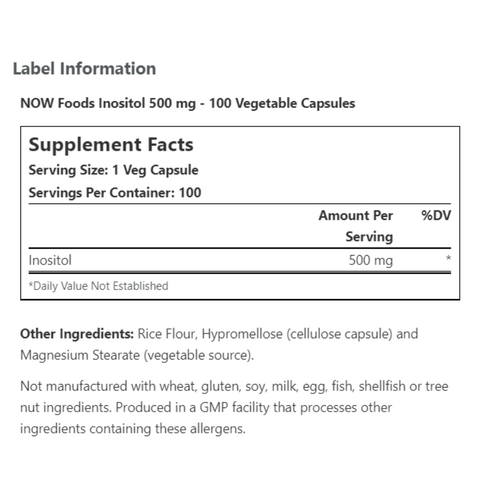 NOW Foods, Inositol Capsules, 500 mg, 100 Veg Capsules